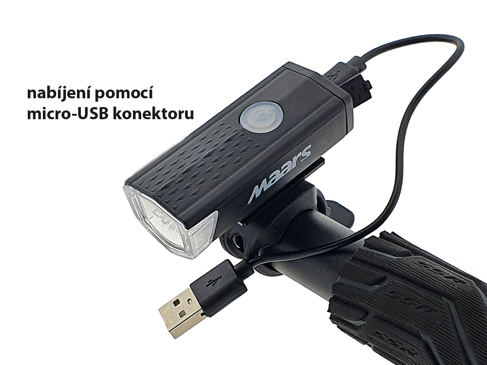 Přední LED svítilna MAARS MS 401 na kolo se nabíjí pomocí micro-USB konektoru.