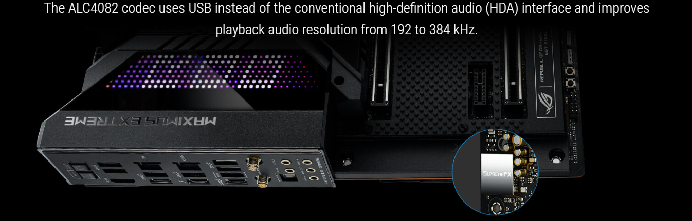 Súčasťou dosky Asus ROG Maximus Z690 Extreme je aj integrovaná zvuková karta Realtek ALC4080 s podporou DTS Sound Unbound a Sonic Studio III, ktorá umožňuje reprodukciu zvuku so 7.1kanálovým priestorovým efektom.