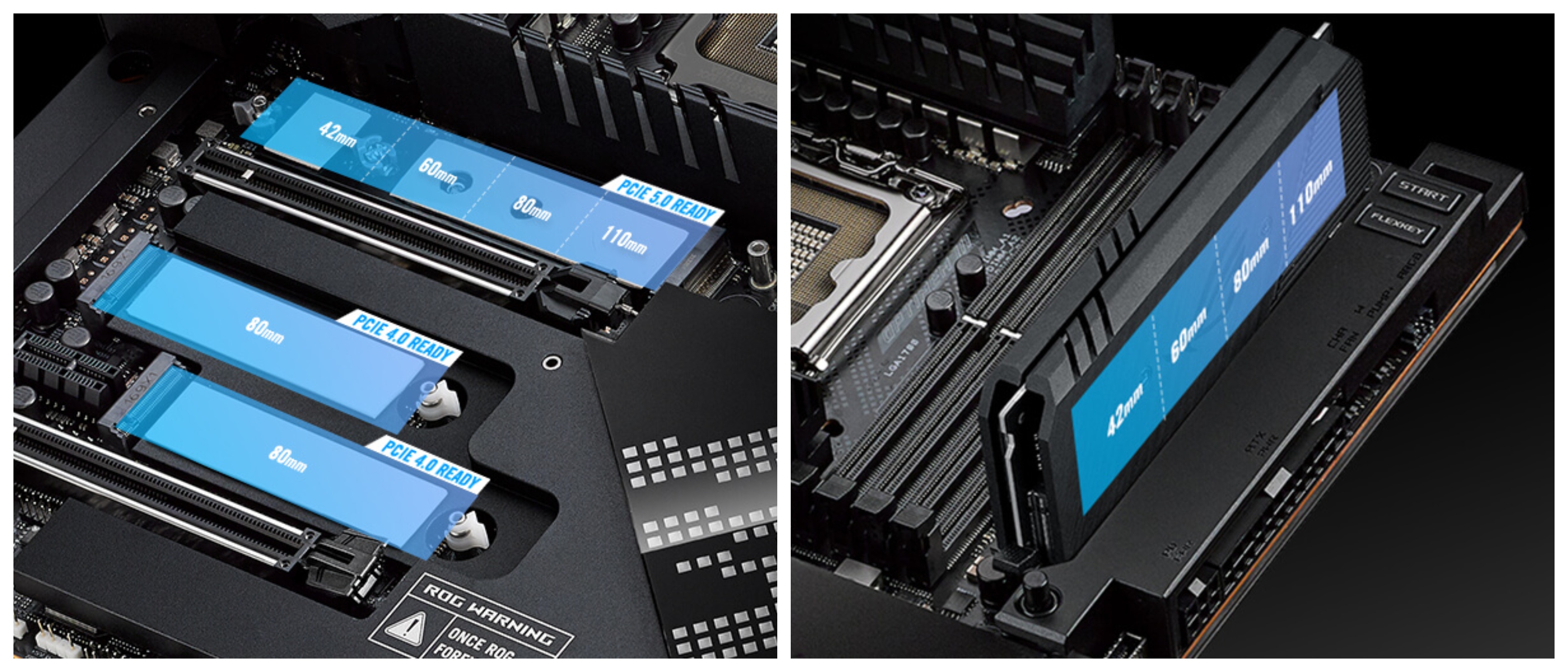 Základní deska Asus ROG Maximus Z690 Extreme je připravena na 2 grafické karty díky modernímu slotu PCI Express 5.0 16x, který přináší až 2násobnou rychlost přenosu dat oproti standardu PCIe 4.0.