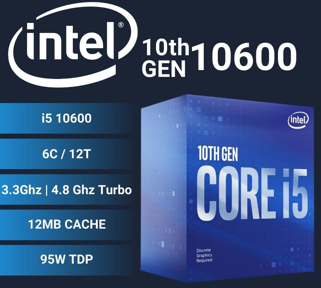 Procesor Intel Core i5-10600 s maximálnym taktom až 4,8 GHz sa pýši 6 fyzickými jadrami a 12 vláknami a je vhodný pre základné dosky Intel 400 Series s päticou LGA 1200.