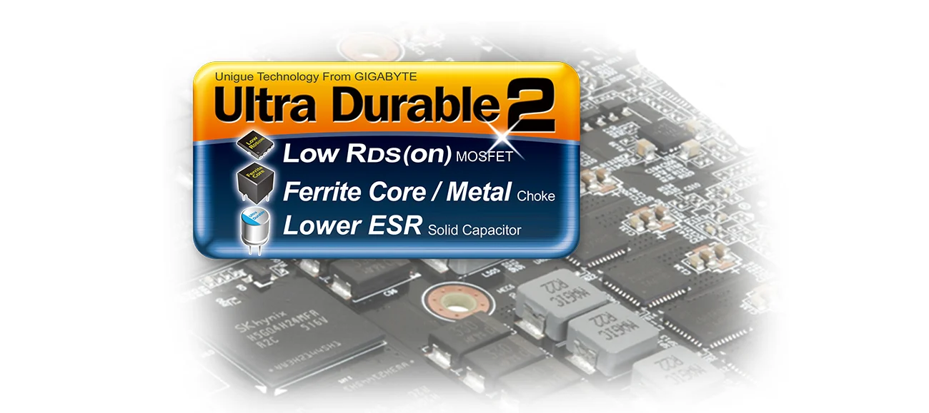 Grafická karta Gigabyte GeForce GT 1030 Low Profile D4 2G sa pýši Ultra Durable 2 dizajnom, takže v sebe ukrýva vysoko kvalitné komponenty, ktoré jej prepožičiavajú spoľahlivý výkon aj výrazne dlhšiu životnosť.