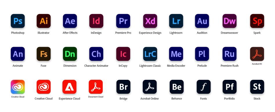 Sada Adobe Creative Cloud poskytuje přístup k rozličným softwarům od Adobe, jako je například Acrobat, Photoshop, Illustrator, Lightroom, InCopy, InDesign, Character Animator, Dreamweaver, Spark, Fuse nebo XD.