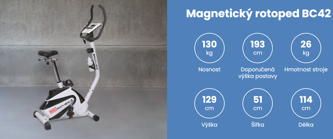 Magnetický rotoped Acra BC42 je určený pro všechny uživatele s hmotností až 130 kg a s výškou od 190 až do 193 cm.