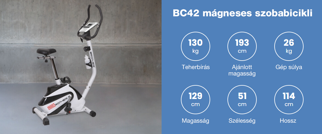 Az Acra BC42 mágneses szobabicikli minden 130 kg súlyú és 190 – 193 cm magasságú felhasználónak alkalmas.