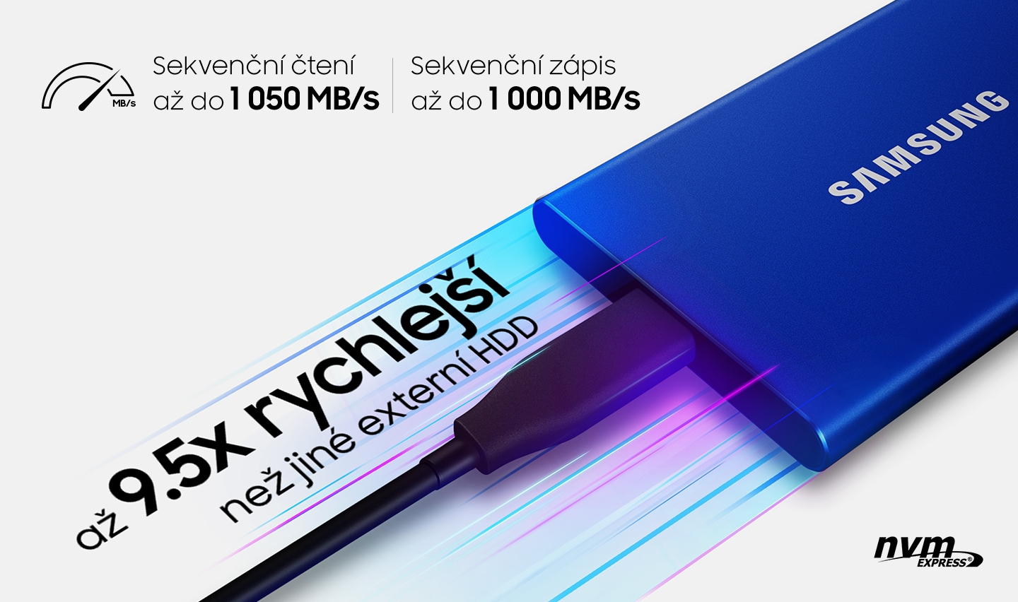 Externý SSD disk Samsung T7 ponúka rýchlosti sekvenčného čítania až 1 050 MB/sa sekvenčný zápis činí 1 000 MB/s.