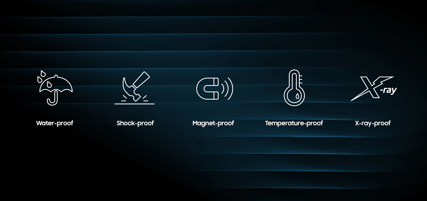 Flash disk Samsung Blue spolehliv odol vod, nrazm, extrmnm teplotnm vkyvm, magnetickmu psoben i rentgenovmu zen.