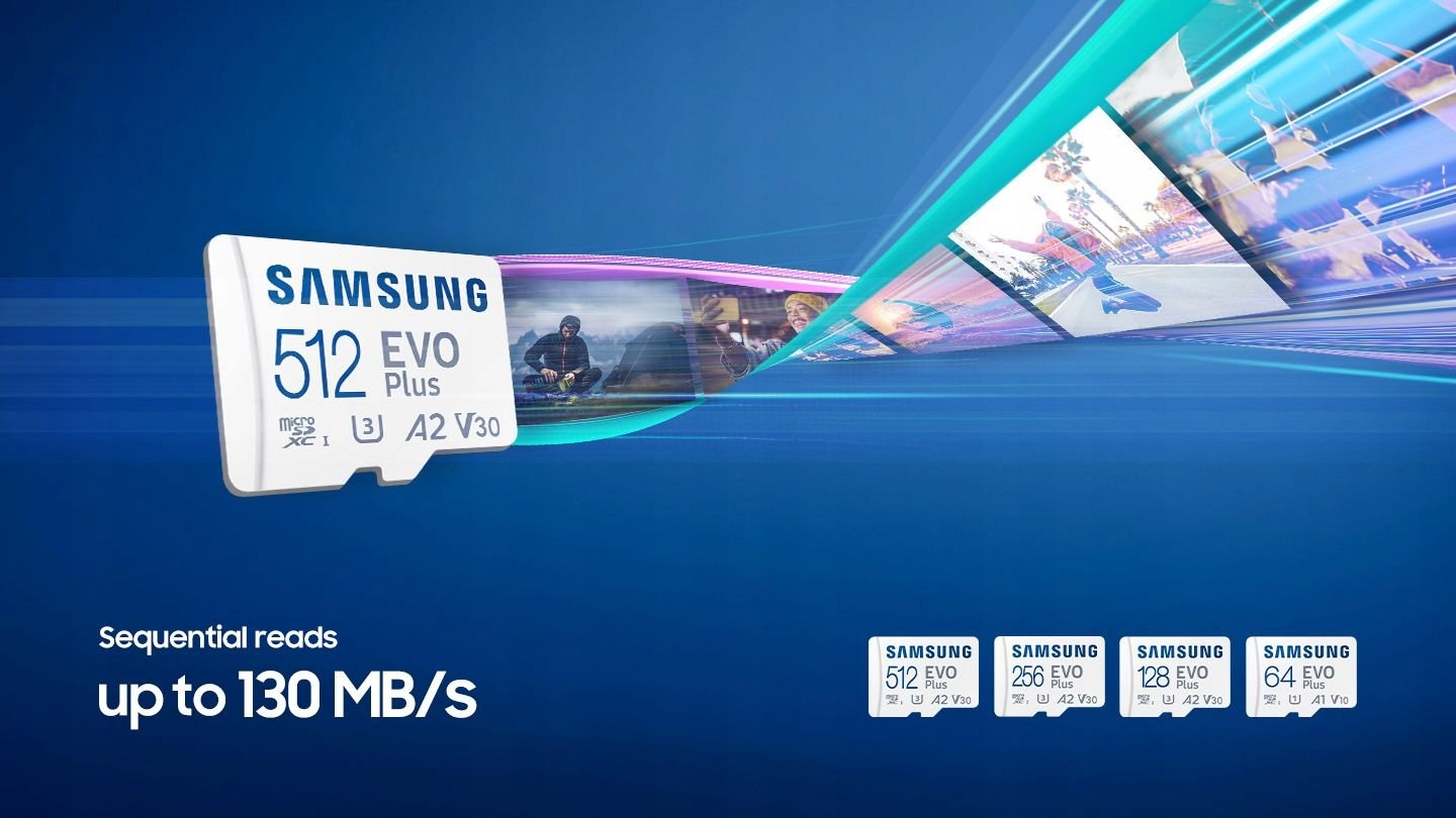 Pamäťová microSDXC karta Samsung Evo Plus spadá do rýchlostnej triedy Class 10 s minimálnou rýchlosťou 10 MB/s, kedy zápis dosahuje hodnotu až 60 MB/sa maximálna rýchlosť čítania činí až 130 MB/s.