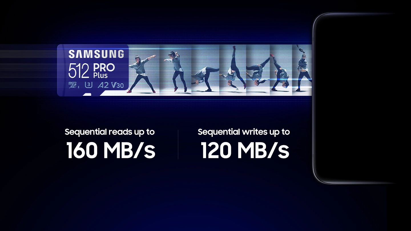 Paměťová microSDXC karta Samsung EVO Pro Plus poskytuje rychlost zápisu až 120 MB/s a rychlost čtení až 160 MB/s.
