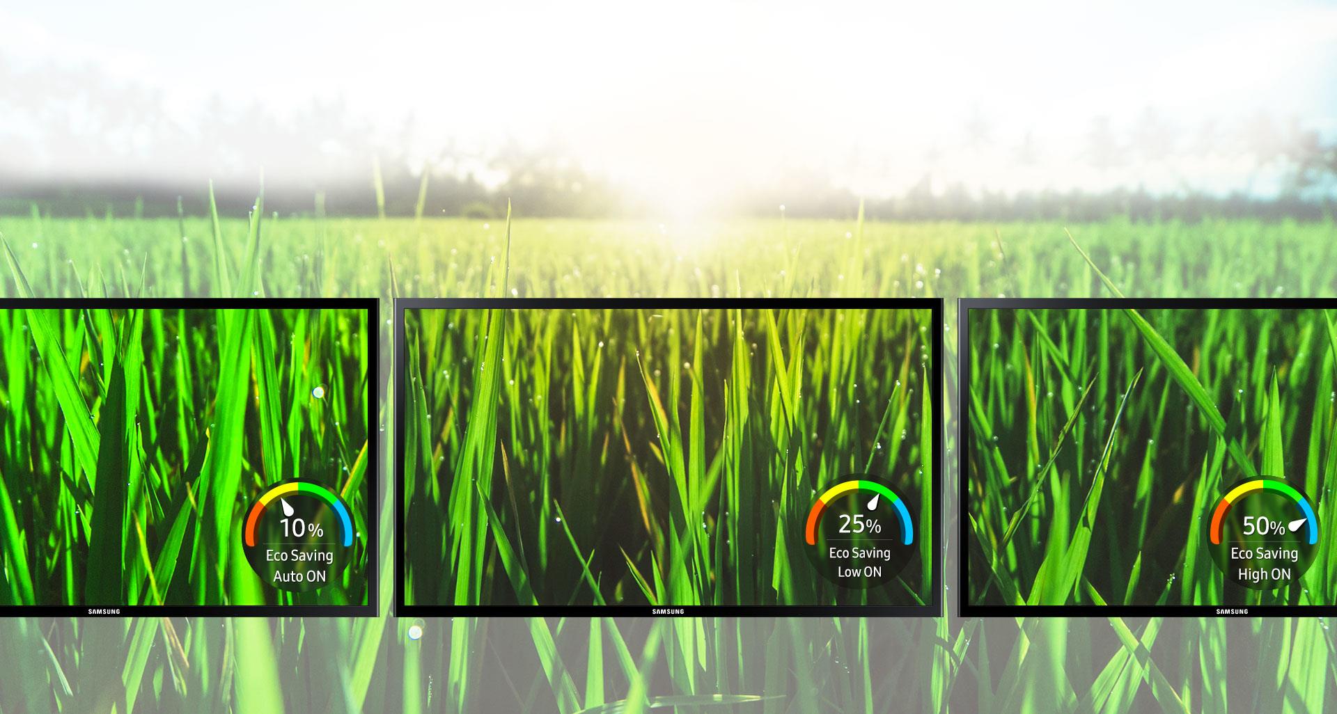 Nová funkce Eco Saving Plus snižuje jas monitoru Samsung C34H890WG pro dosažení vyšší energetické účinnosti.