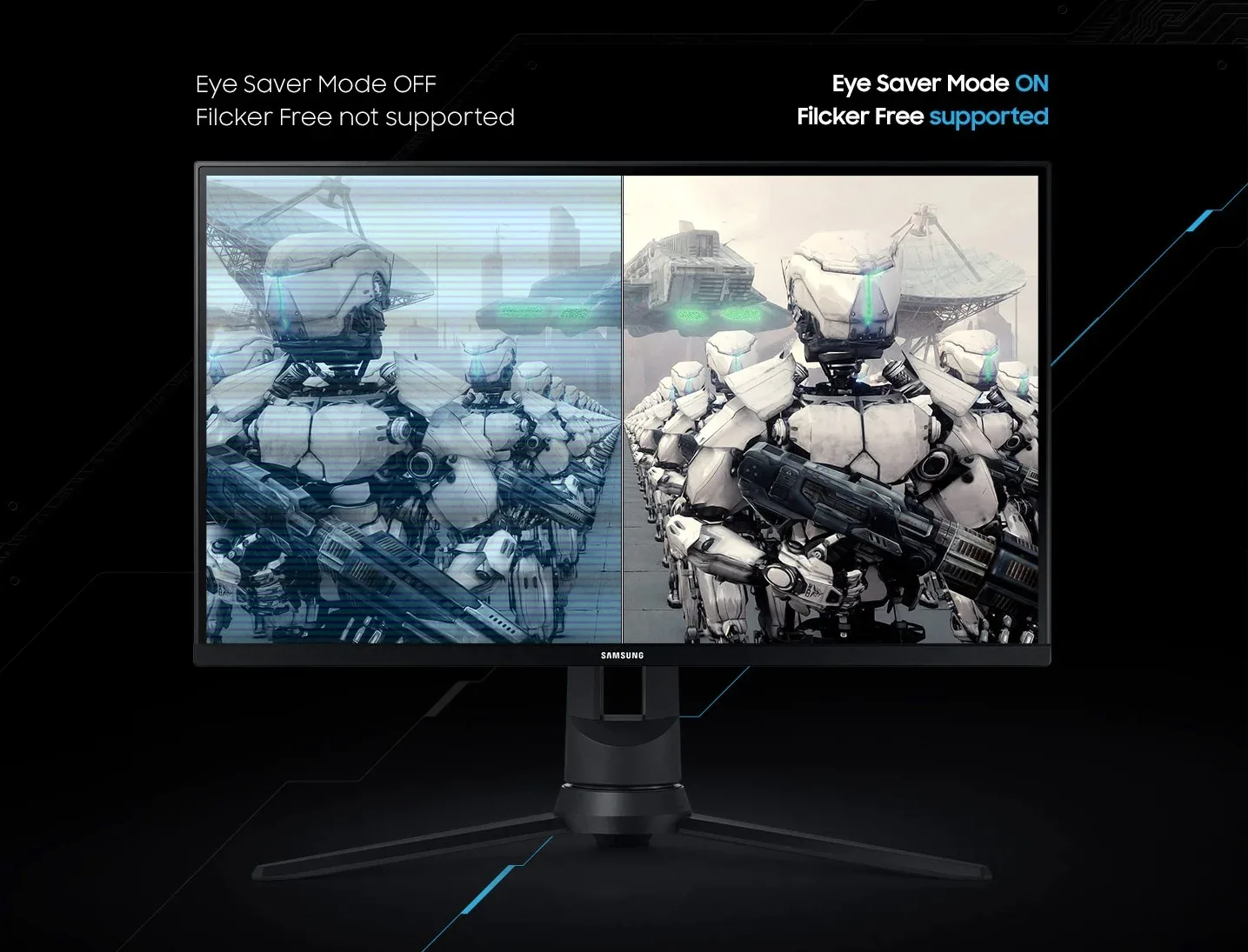 Monitor Samsung Odyssey G5 pečuje o váš zrak v každém ohledu prostřednictvím režimu Eye Saver, který využívá technologie Flicker-Free a Low Blue Light.