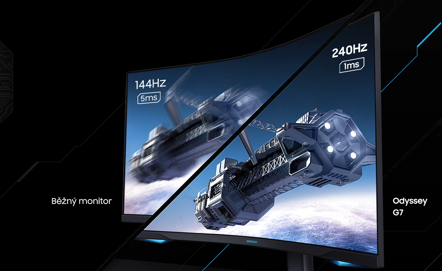 Monitor Samsung Odyssey G7 poskytuje obnovovací frekvenci až 240 Hz a rychlou dobu odezvy do 1 ms pro vysoce ostré herní vizualizace.