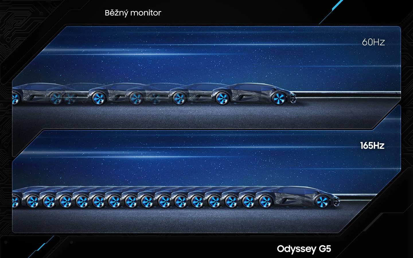Variabilní obnovovací frekvencí u monitoru Samsung Odyssey G55A činí až 165 Hz, díky čemuž stále zobrazuje aktuálně přijímaný obraz v reálném čase.