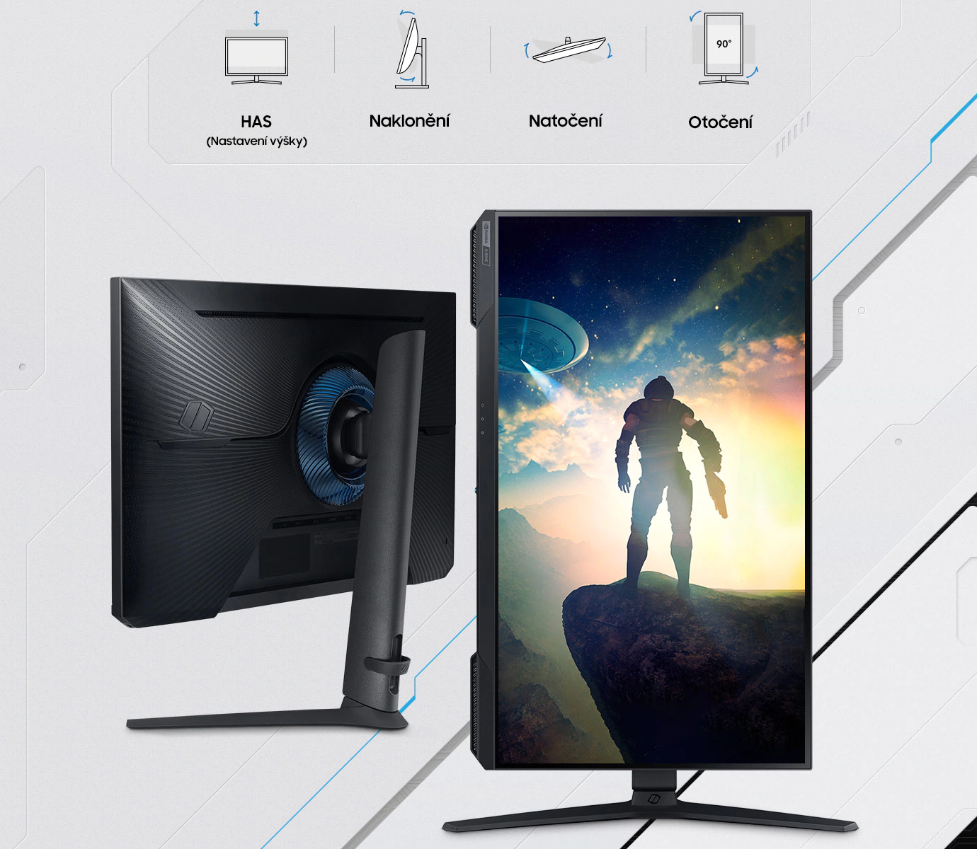 Monitor Samsung Odyssey G50A cl na mladomilenily a generaci Z, nebo umouje pepnn mezi horizontln a vertikln orientaci sledovn.