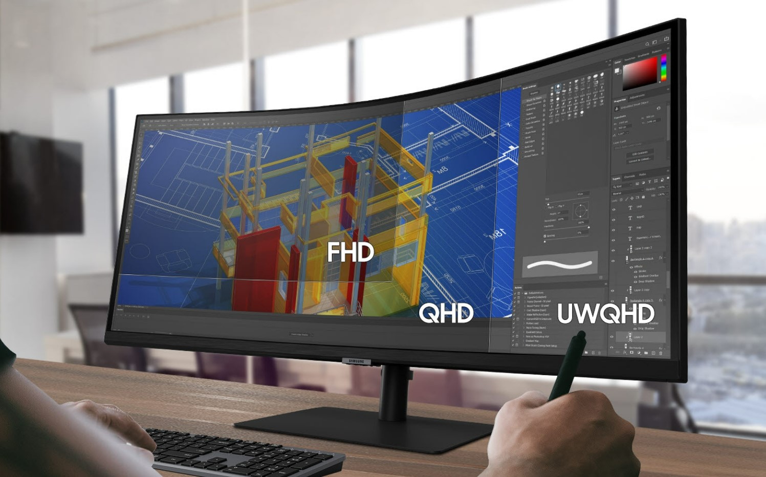 UWQHD rozlenie na monitore Samsung S65UA a rozdiel medzi GHD a FHD