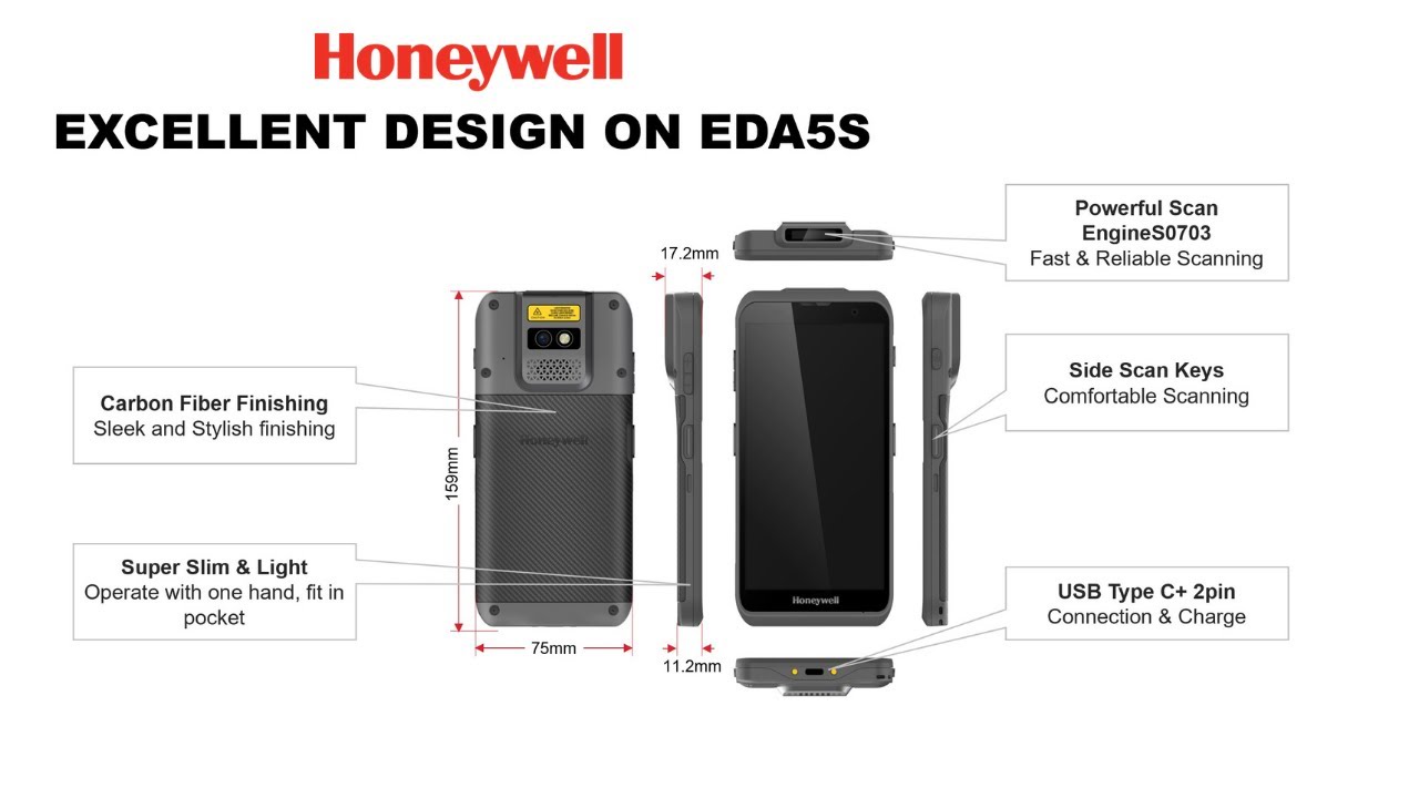 Lehký a robustní mobilní terminál Honeywell ScanPal EDA5S je vybavený vylepšeným skenerem S0703, který přečte poškozené i neúplné 1D a 2D čárové kódy.
