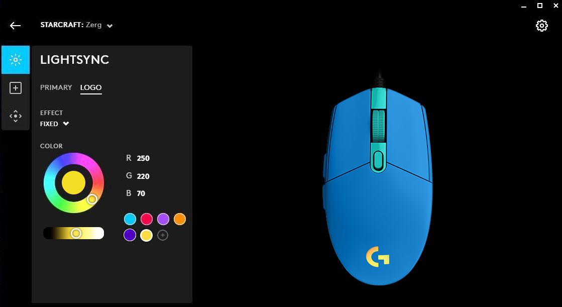 S Logitech Lightsync je nastavenie myši podsvietenia G102 otázkou iba okamihu, kedy ľahko a rýchlo zmeníte animačný efekt, jas aj farbu osvetlenia.