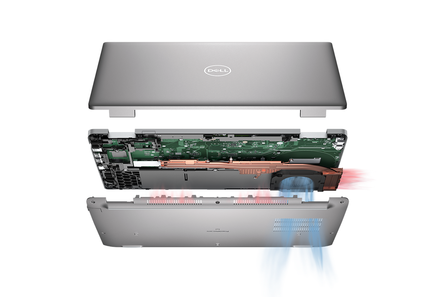 Notebook Dell Precision 3570 má oproti predchádzajúcej generácii podstatne väčší ventilátor s duálnym protiľahlým výstupom (DOO) a 2 tepelné trubice, ktoré spoľahlivo odvádzajú teplo od vnútorných komponentov.