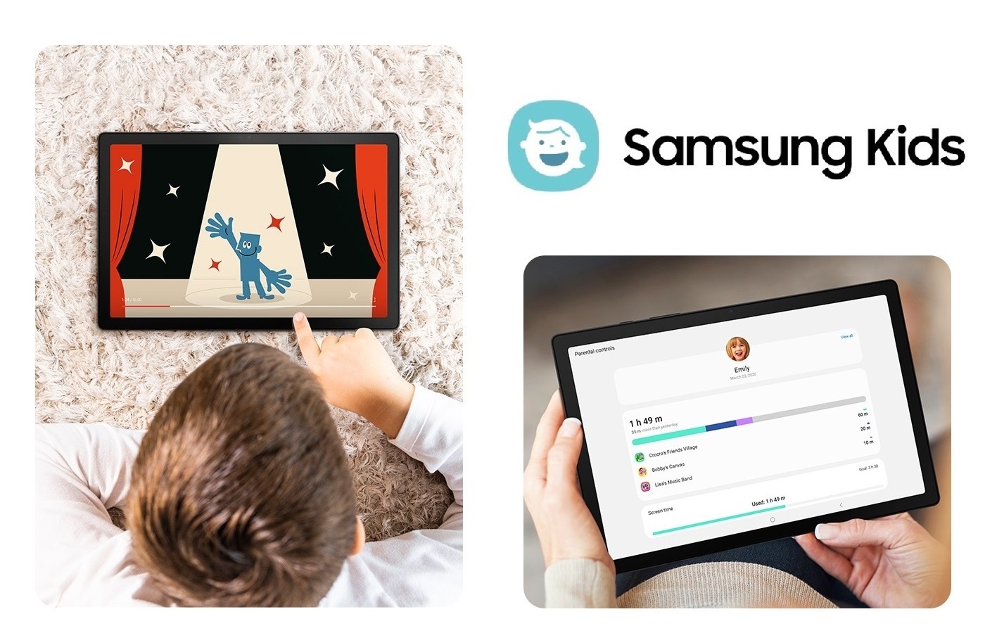 Samsung Galaxy Tab A8 obsahuje aplikaci Samsung Kids, kter je uren pro zbavn rozvoj a vzdlvn dt v naprosto bezpenm prosted