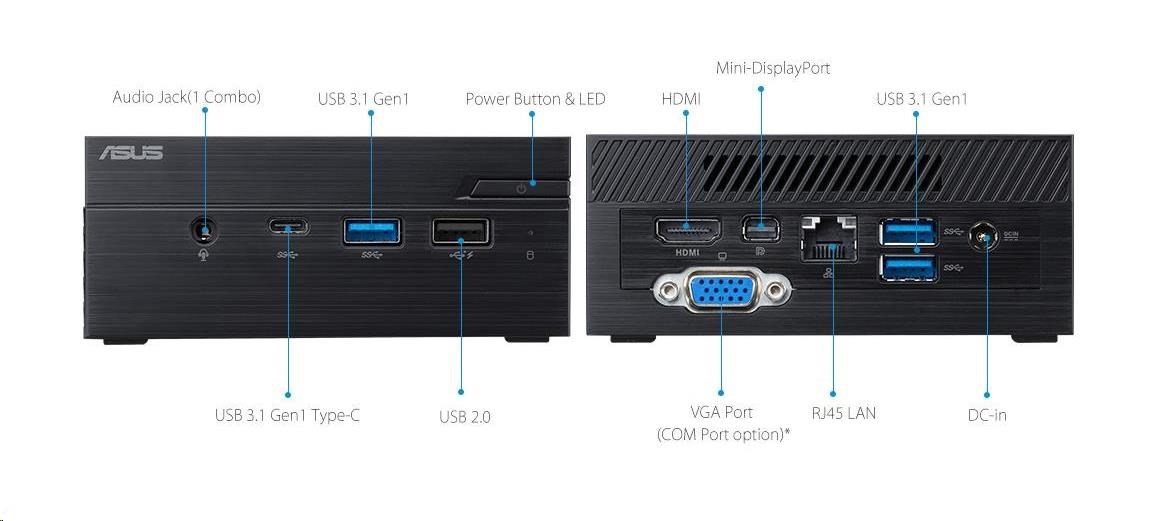 Počitač ASUS PN41 N5100 nabízí bohatou sadou konektorů, jako je kupříkladu USB-C, HDMI, 2,5GbE RJ-45 či konfigurační VGA port.