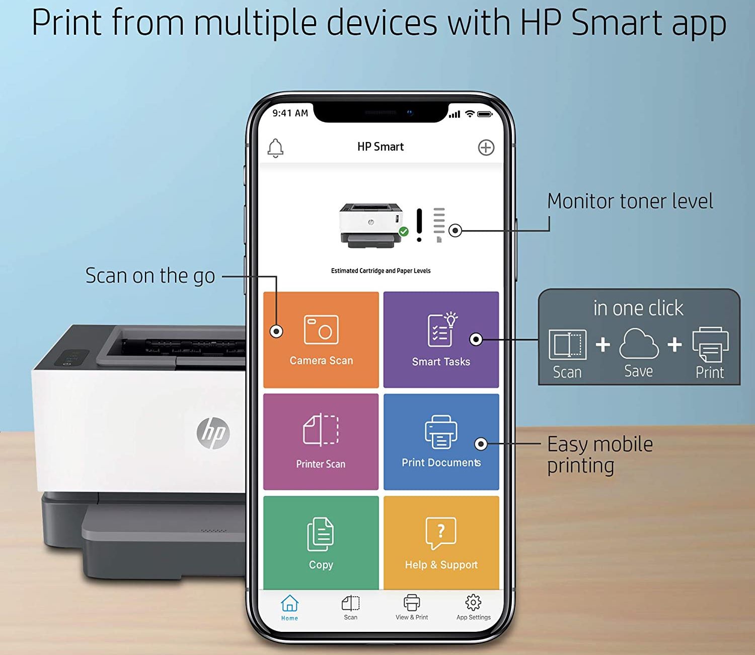 Mobilná aplikácia HP Smart pre operačné systémy Android a iOS umožňuje vzdialenú správu tlačiarne HP NeverStop Laser 1200n.