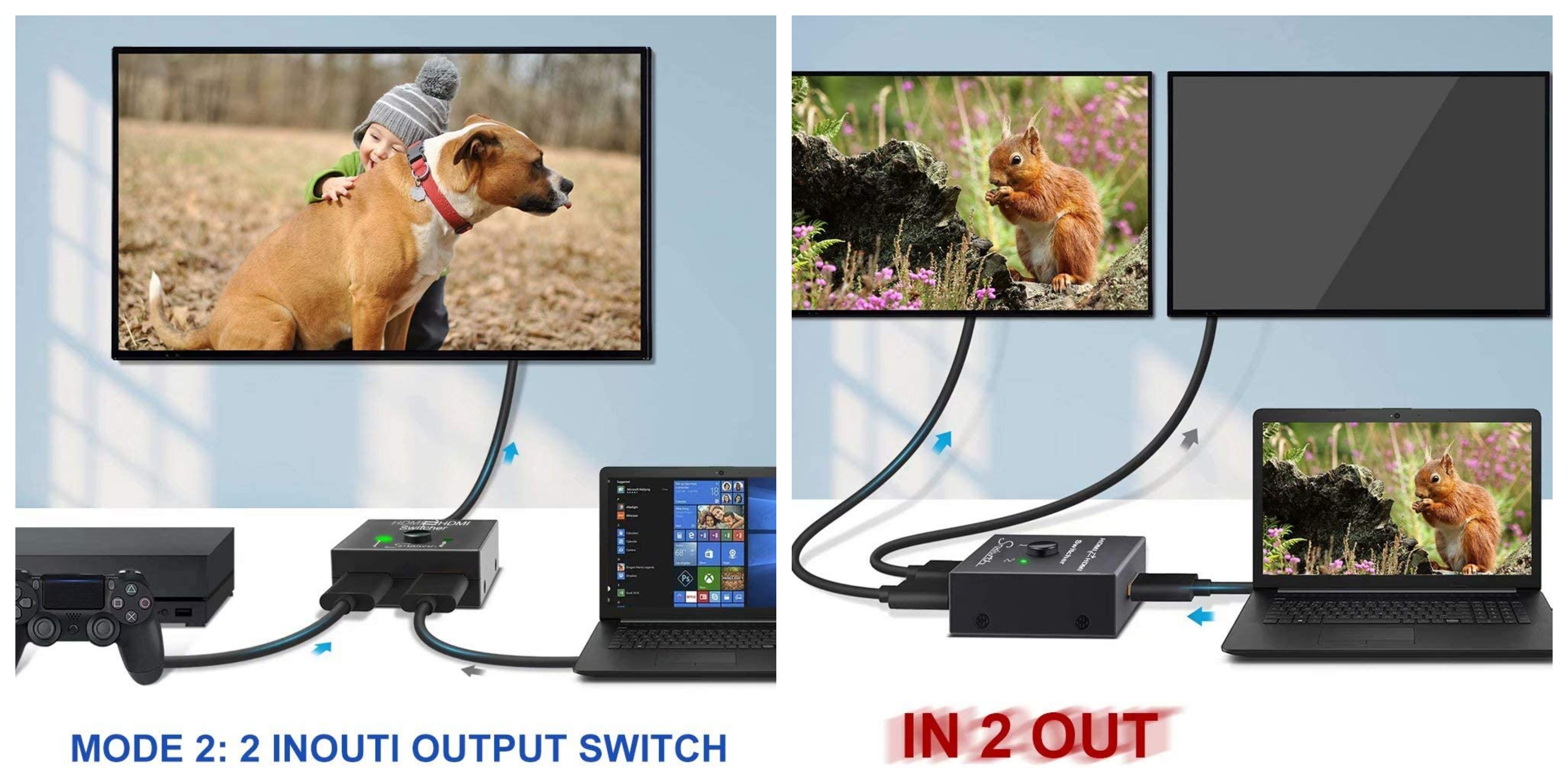 Obojsmerný HDMI switch PremiumCord khswit21c je možné zapojiť na 2 zdroje HDMI a 1 monitor alebo 1 zdroj HDMI a 2 monitory.