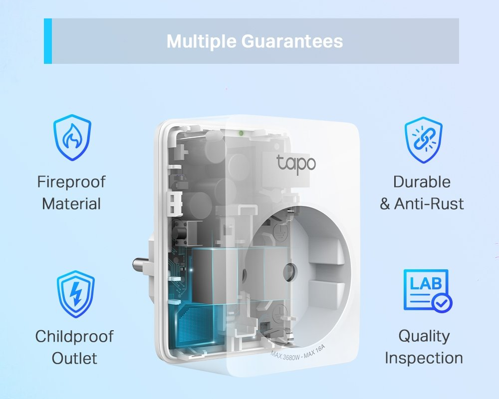 Chytré zásuvky TP-Link Tapo P100 splní i ty nejpřísnější bezpečnostní požadavky, proto spolehlivě ochrání vás, vaši rodinu i váš domov.