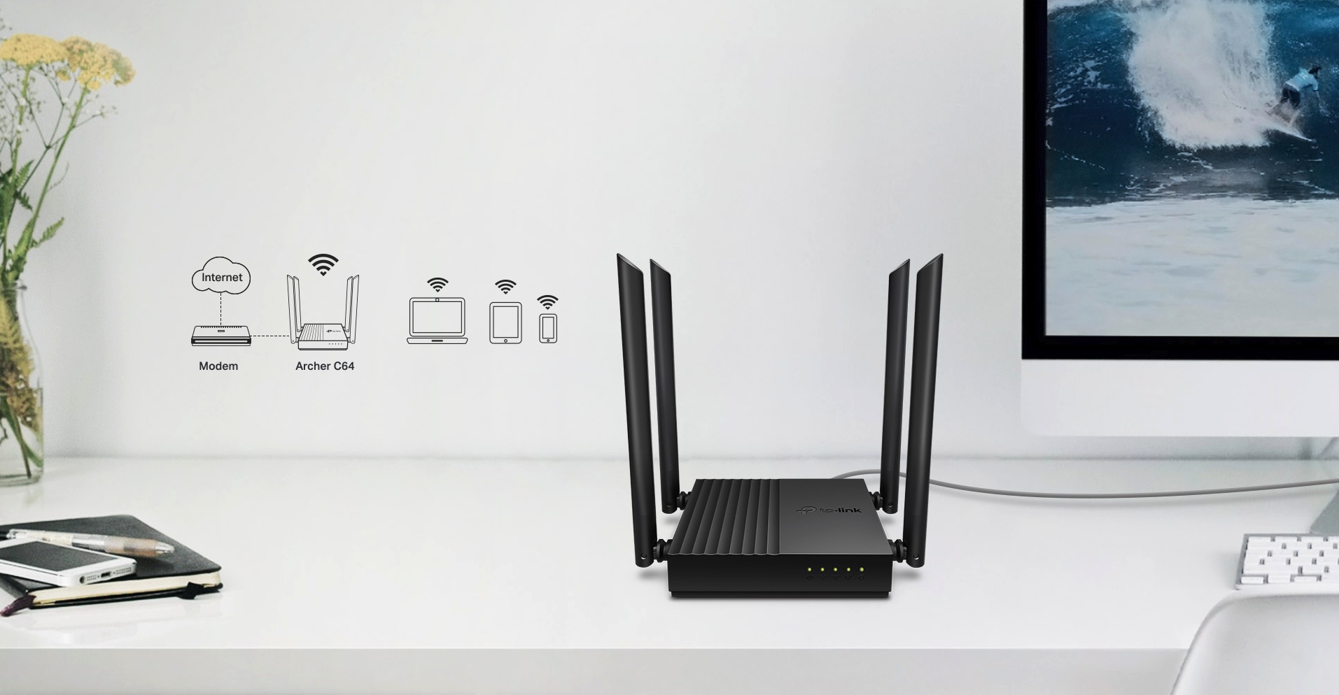 WiFi router TP-Link Archer C64 AC1200 dual AP/router, 4x GLAN, 1x GWAN .