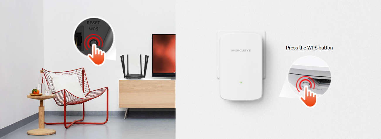 Extender Mercusys ME10 má praktické tlačítko WPS pro snadné rozšíření Wi-Fi signálu.