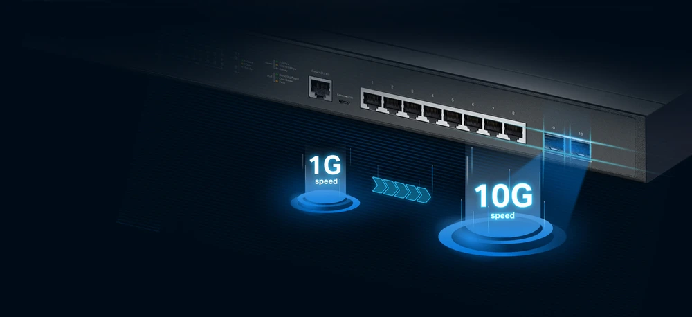 Vysokorychlostní L2+ přepínač TP-Link TL-SG3210XHP-M2 má široké rozhraní – 8x Gigabit RJ-45, 2x 10Gbit/s SFP+, 1x Console RJ-45 a 1x microUSB port.