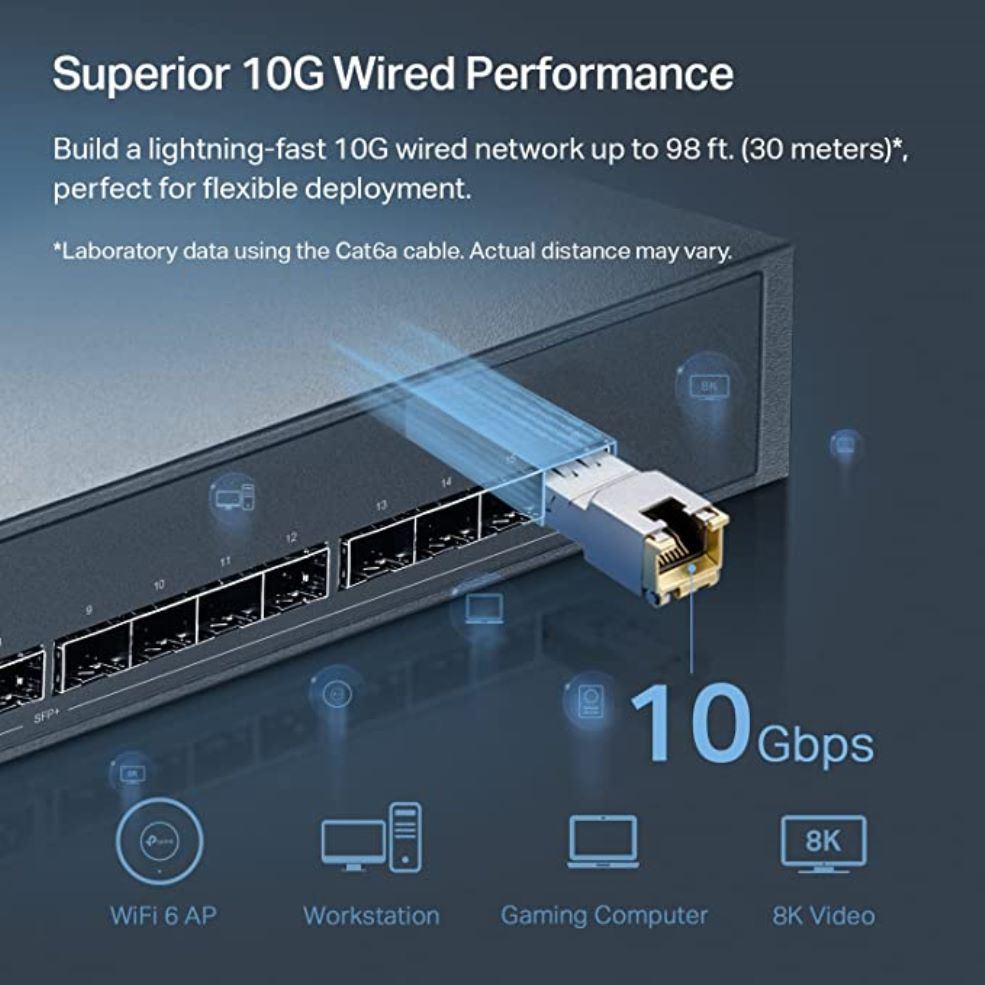 SFP+ modul TP-Link TL-SM5310-T je určený pro provoz 10GBASE-T, přenáší data maximální rychlostí 10,3 GB/s a nabízí až 30m dosah přes UTP kabely kategorie 6E nebo vyšší.
