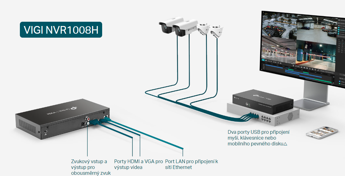 Na těle TP-Link VIGI NVR10008H se nachází 2 porty USB pro periferie a paměťová média, porty HDMI a VGA pro monitor či jiné zobrazovací zařízení, audio vstup i výstup pro obousměrnou konverzaci či konektor LAN pro připojení k síti Ethernet.