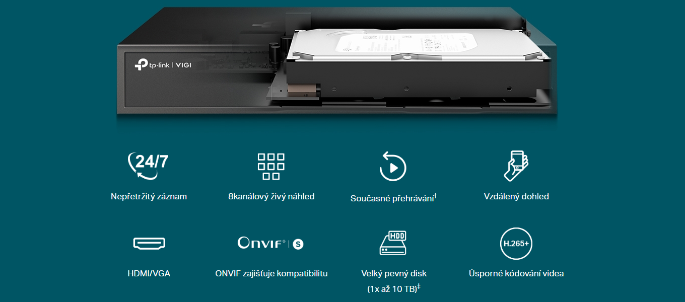 Záznamové 8kanálové zařízení TP-Link VIGI NVR1008H slouží pro nepřetržité monitorování vaší nemovitosti či pozemku, díky čemuž bude váš majetek a rodina v naprostém bezpečí za každé situace.