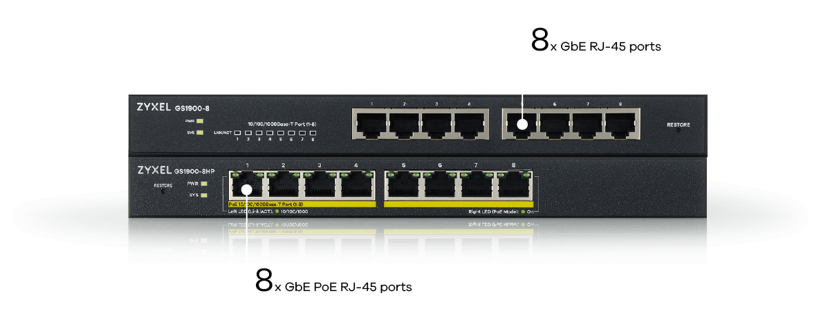 Switch ZyXel GS1900-8HP nabízí 8 konektorů RJ-45 s funkcí PoE+ a s celkovým budgetem až 77 W pro současné napájení a přenos dat jediným kabelem.