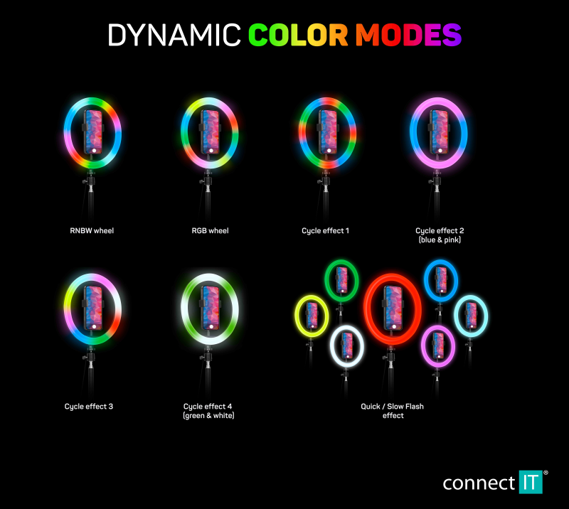Dynamické barevné módy u selfie světla Connect It Streaming Box Selfie 10Ring