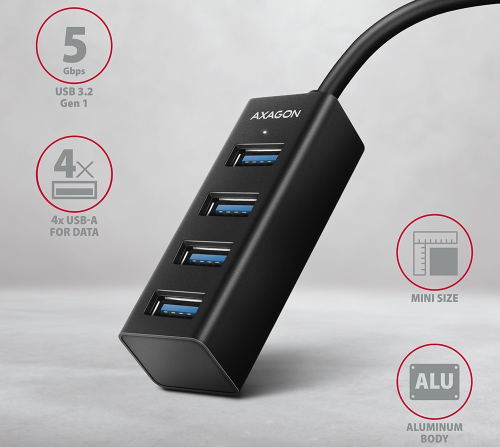 Hub Axagon HUE-M1A se 4 downstream porty USB 3.0 podporuje přenosové rychlostí 1,5 / 12 / 480 / 5000 MB/s.