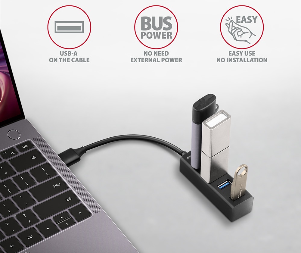 Miniaturní rozbočovač Axagon HUE-M1A s USB 3.0 rozhraním umožní rychlé dobíjení až 4 zařízení současně.
