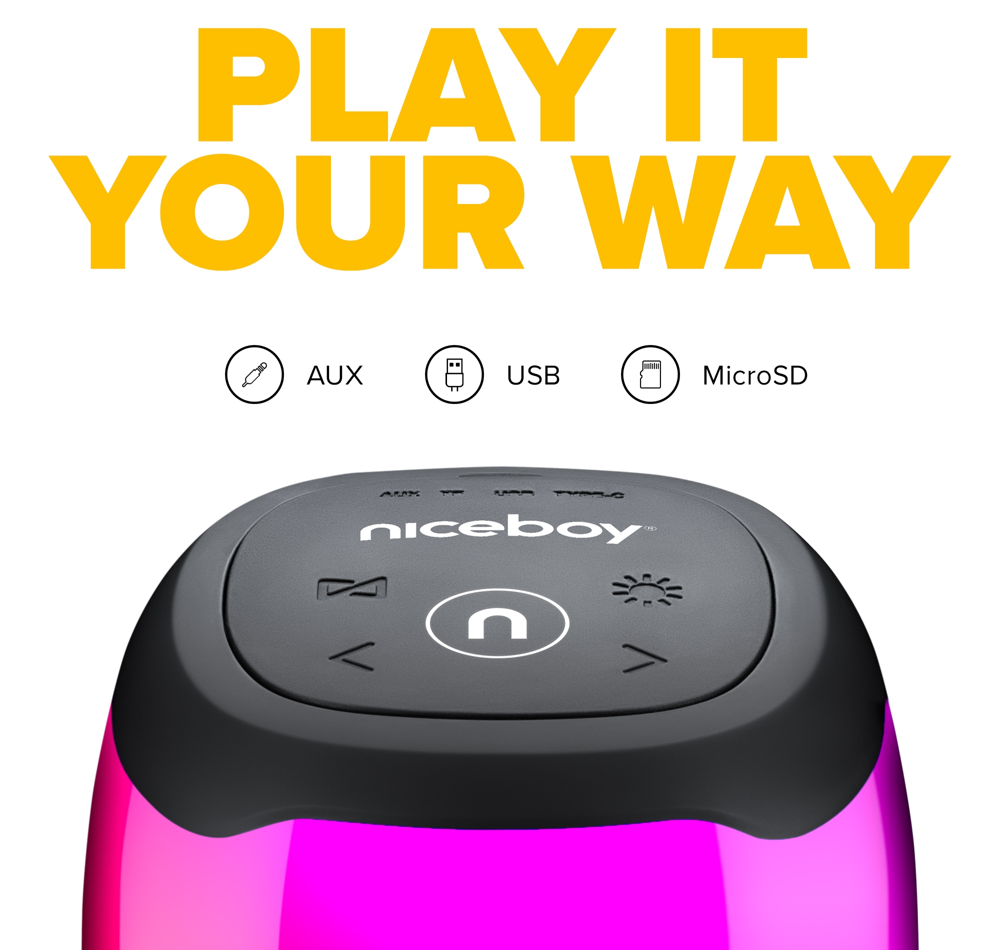 Prenosný reproduktor Niceboy Raze Neon hneď niekoľko možností prehrávania obsahu - Bluetooth 5.0, 3,5 mm Audio Jack, USB-A pre flash disky a slot pre microSD karty do kapacity 32 GB.