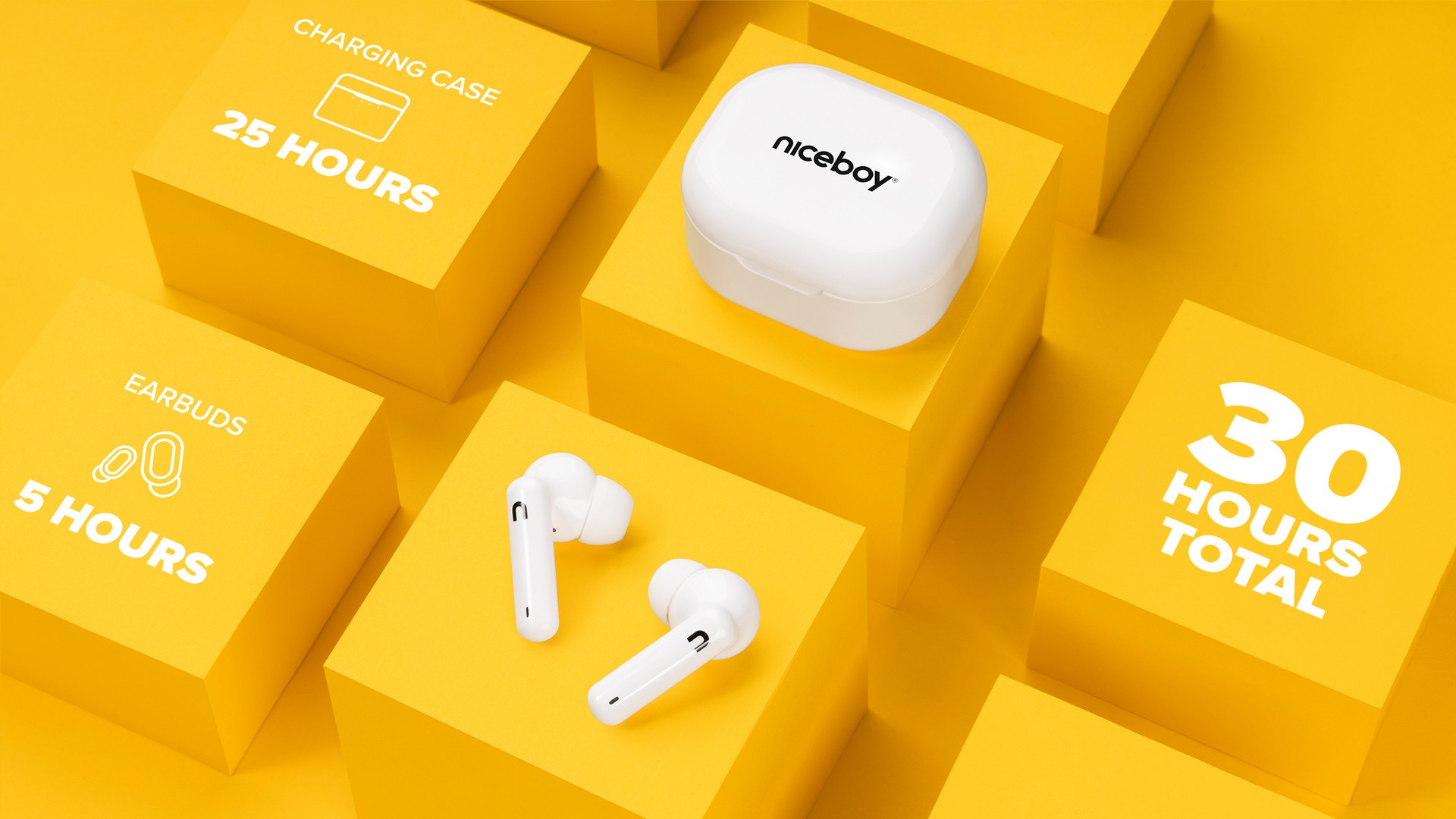 A Niceboy Hive Pins 3 vezeték nélküli fülhallgató töltő tokkal 1 feltöltéssel 30 óra hosszát használható.