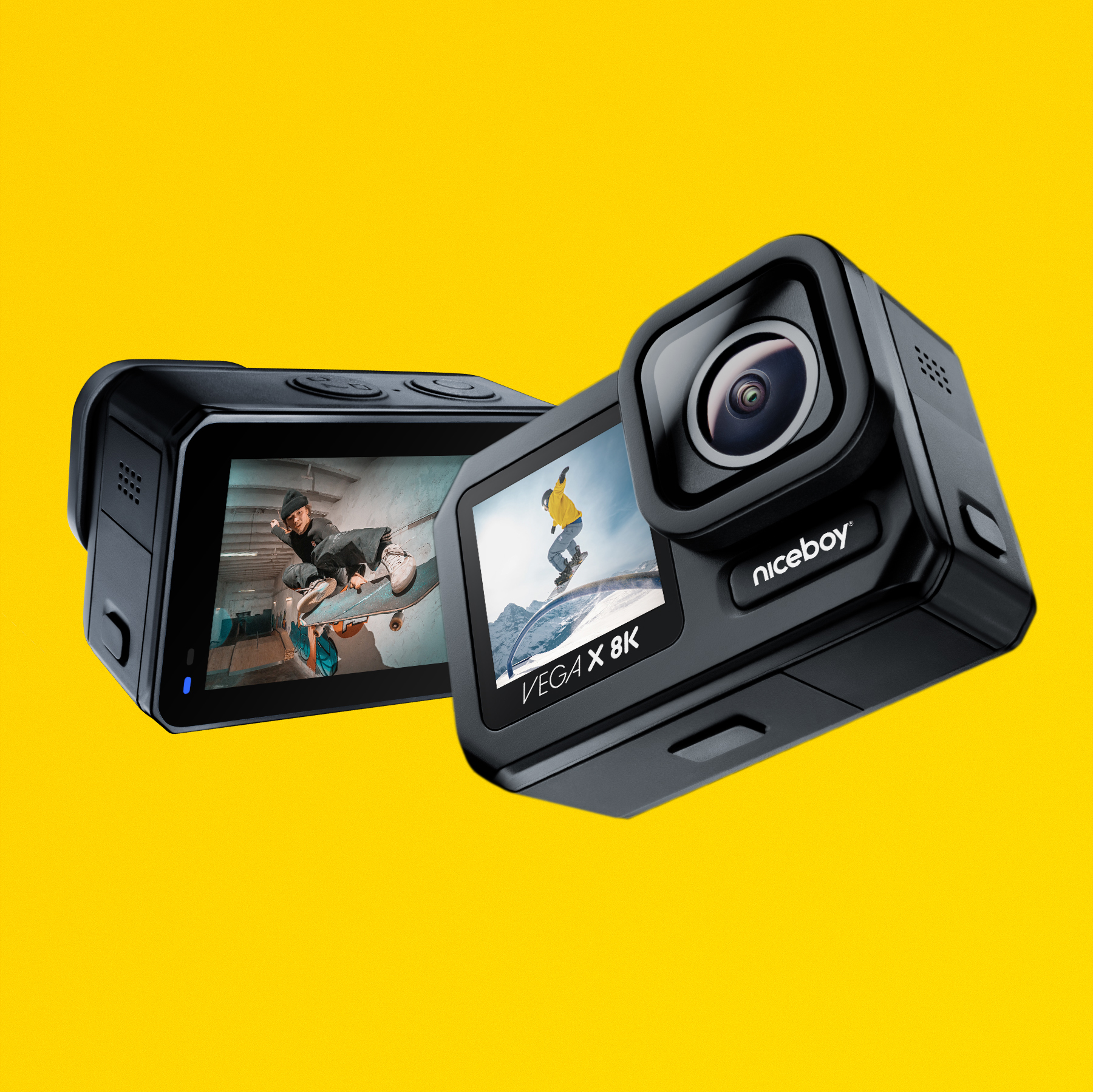 Outdoorová kamera Niceboy VEGA X 8K má přední 1,3? obrazovku a zadní 2? LTPS displej s dotykovým ovládáním.