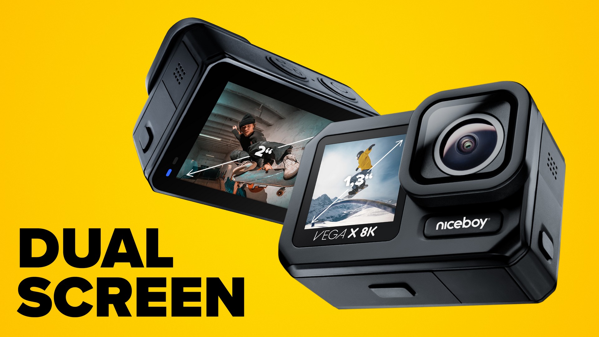 A Niceboy VEGA X 8K outdoor kamera elülső 1,3“ képernyővel és hátsó 2“ LTPS érintőképernyővel rendelkezik.