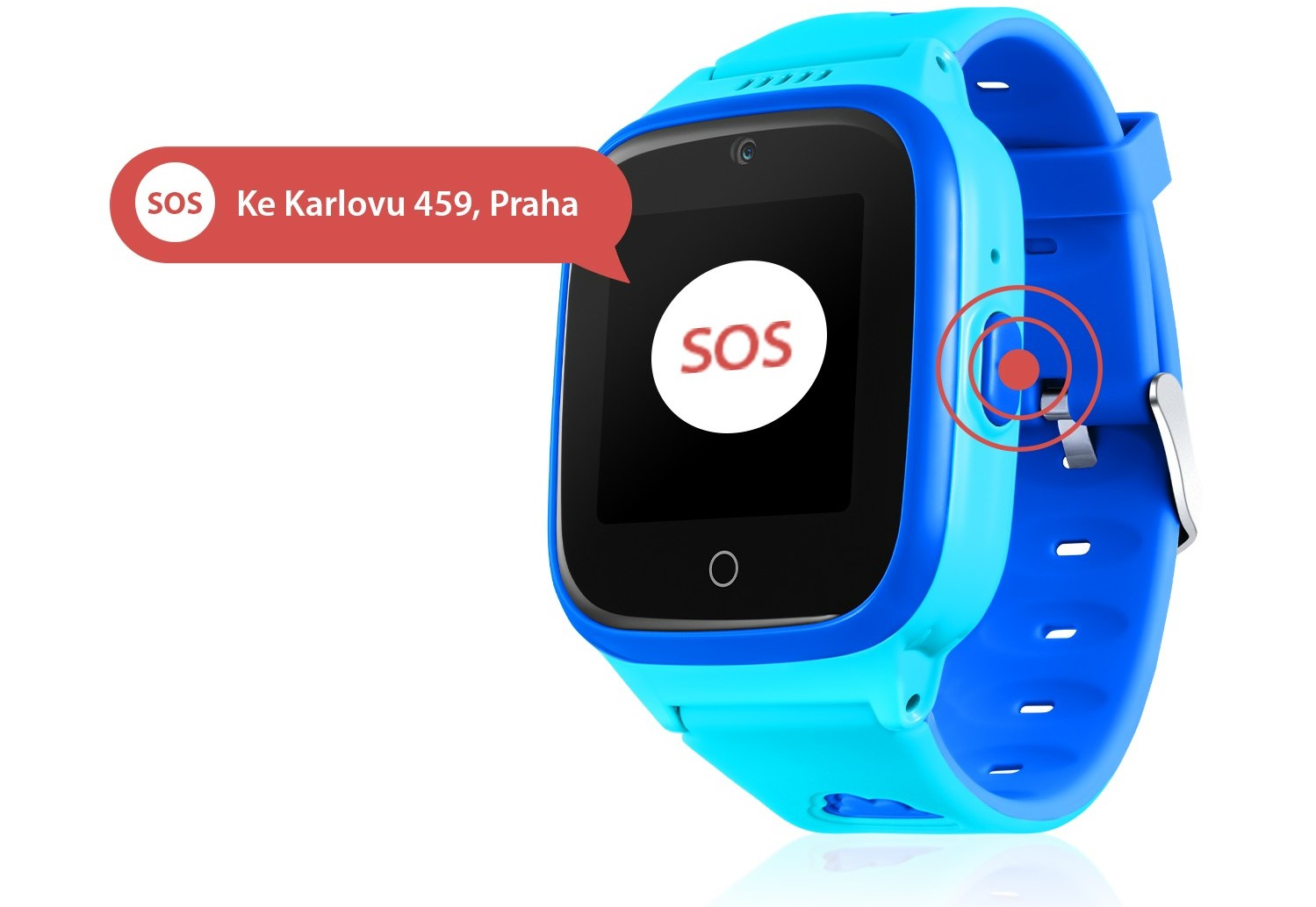 Tlačítko SOS v případě nouze na hodinkách Niceboy Watch KIDS Patrol blue.