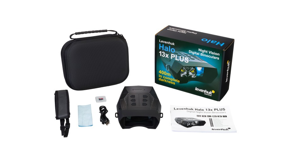 Binokulární dalekohled Levenhuk Halo 13x Plus je dodáván se širokou škálou příslušenství, jako je datový MicroUSB kabel a 32GB paměťová microSD karta.