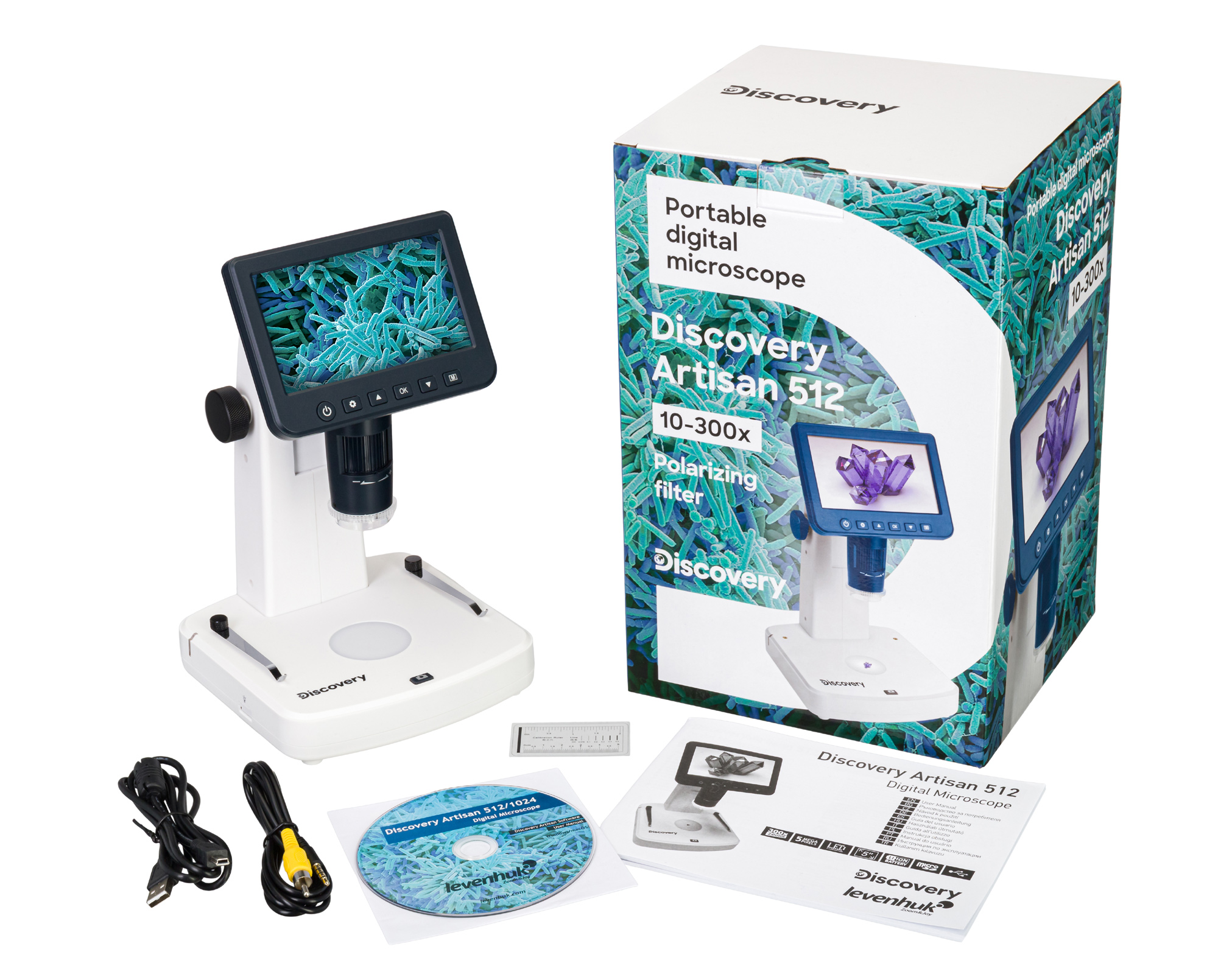 Súčasťou dodávky je digitálny mikroskop Discovery Artisan 512, AC adaptér, USB a AV kábel, kalibračné stupnice, podporné CD so softvérom, záručný list a užívateľský návod.