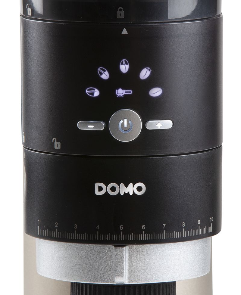 LED indikátory a otočné nastavovanie pri mlynčeku na kávu Domo DO715K