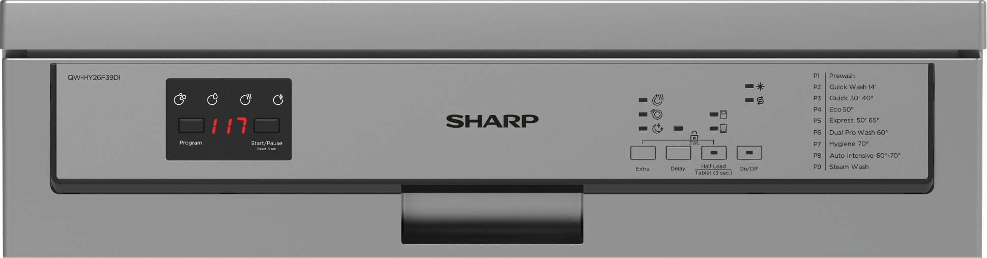 Myčka Sharp QW HY26F39DW-DE nabízí hned 9 mycích programů, které změníte pomocí vestavěného LED panelu ve vrchní části spotřebiče.