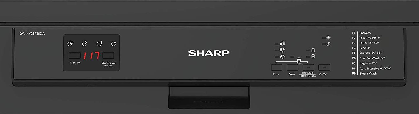 Myčka Sharp QW HY26F39DA-DE nabízí hned 9 mycích programů, které změníte pomocí vestavěného LED panelu ve vrchní části spotřebiče.