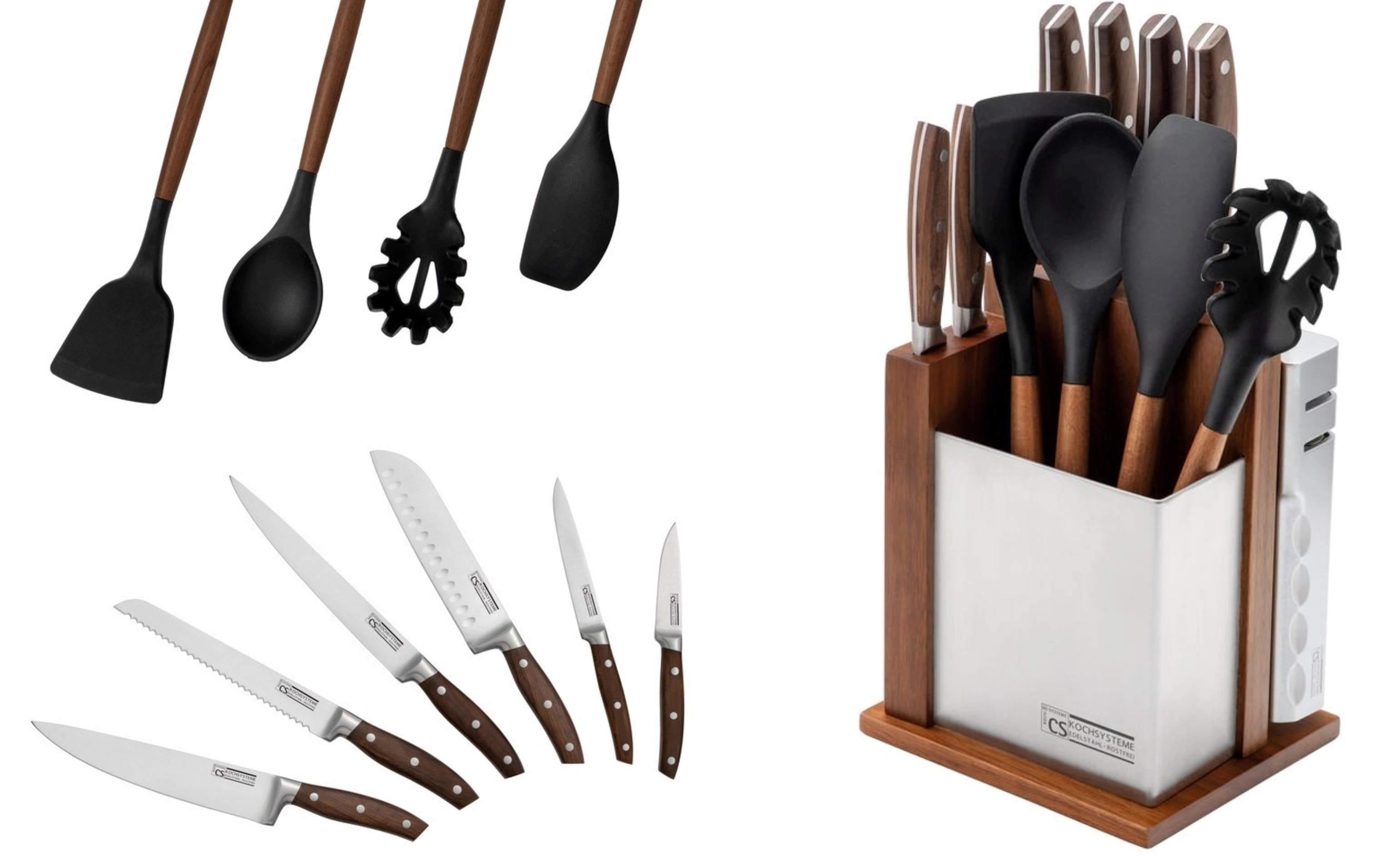 Sada CS Solingen CS-0802288 obsahuje 6 kuchyňských nožů, 4 různé naběračky a stěrky i praktický stojánek s odnímatelným brouskem pro snadnou údržbu.