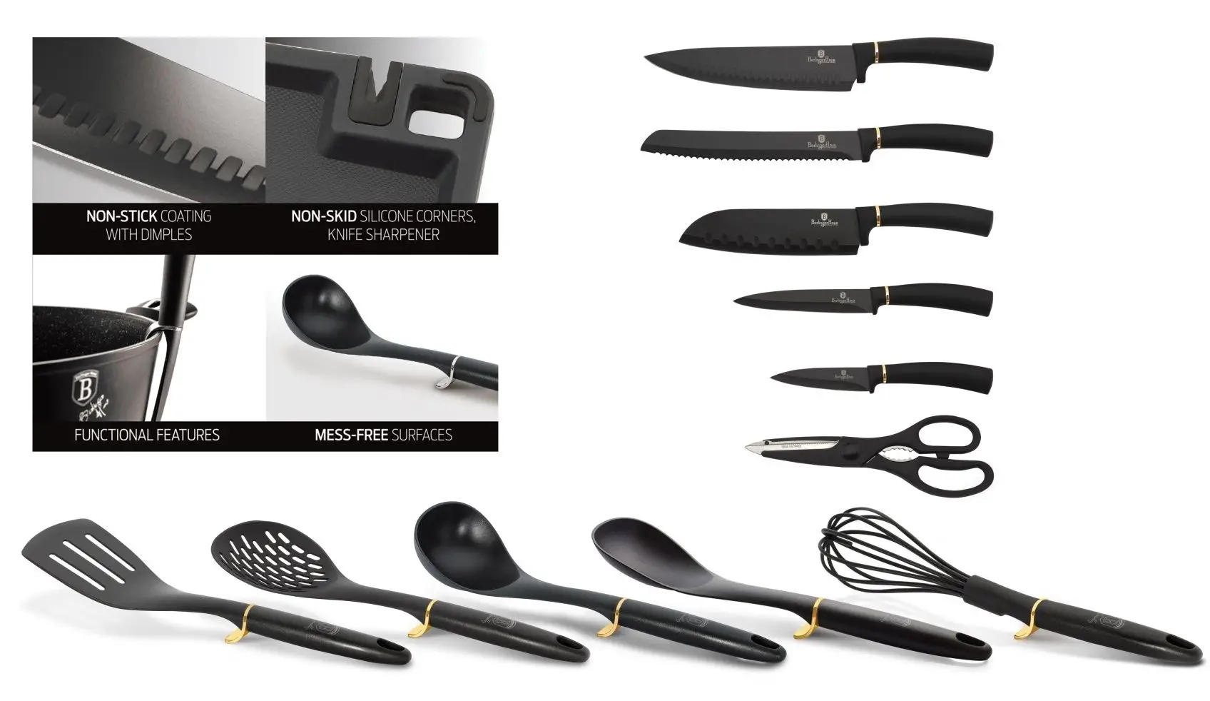 Sada Berlingerhaus Carbon Metallic Line BH-2548 obsahuje 1 kuchyňské nůžky, 5 speciálních nožů, 5 různých naběraček, 1 prkénko s brouskem a 1 praktický stojánek.