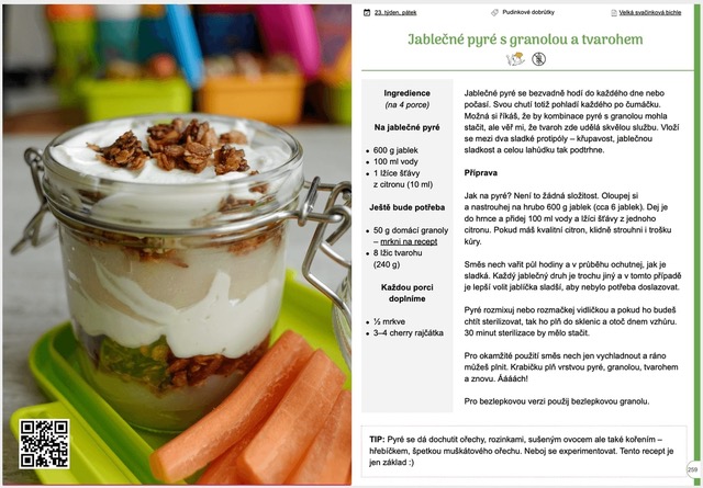 Ukážka receptu z kuchárky - jablkové pyré s granolou a tvarohom