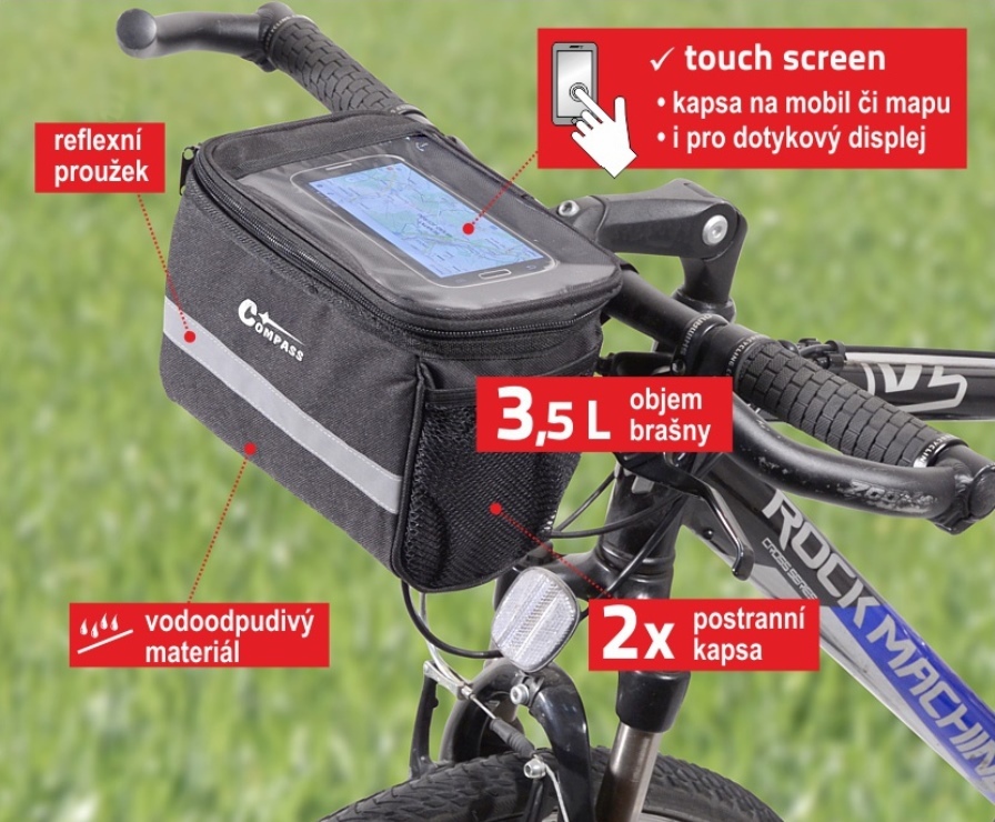 Cyklobrašna Compass Bike 12030 na řídítka nabízí bohatý vnitřní objem 3,5 l a mnoho praktických prvků, jako je reflexní proužek či horní kapsa na GPS/smartphone.